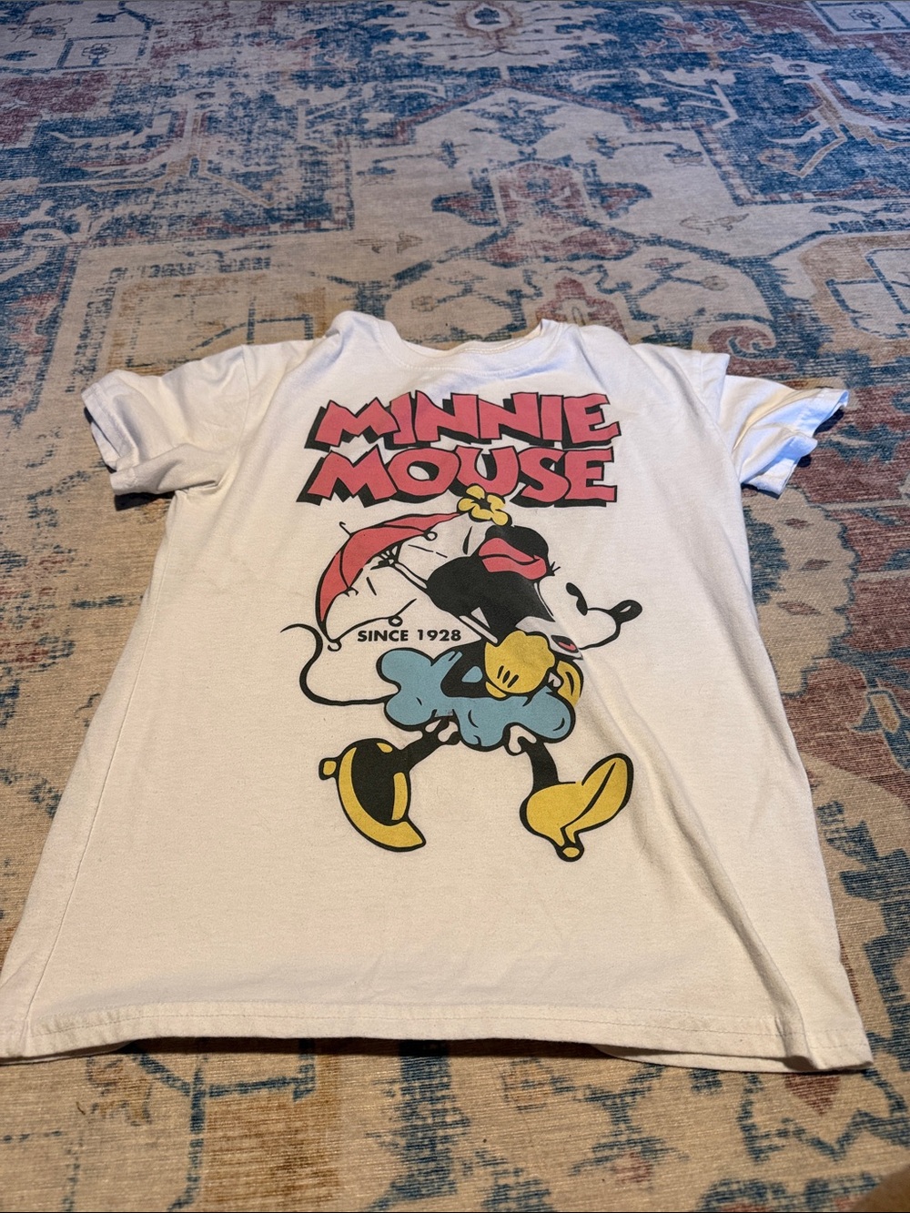 Disney Minnie Mouse Graphic Tee - White with Pink, Yellow, Blue, Black